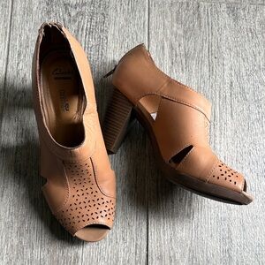 Clarks Brown Leather Peep-Toe Block Heels